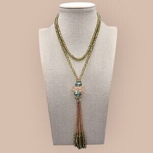 Champagne Beaded with Borealis Accents Long 3Necklace with Tassel